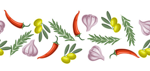 Seamless pattern with rosemary and chili pepper, olive branch and garlic. Spicy for cooking.