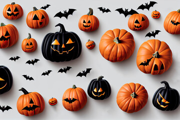 Cute background design for Halloween decorations of pumpkins, bats, spiders, and ghosts on white...