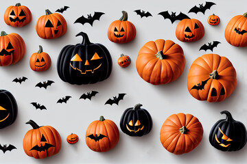 Cute background design for Halloween decorations of pumpkins, bats, spiders, and ghosts on white background top view. Happy Halloween greeting poster. 3d render