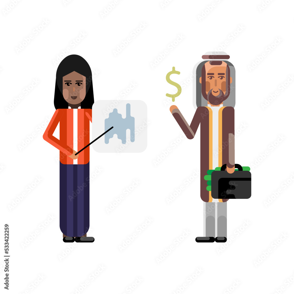 Canvas Prints Indian woman doing business presentation with financial diagram and arabic investor holding money suitcase. Corporate multicultural business people vector illustration.