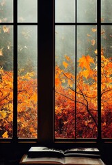 autumn forest with orange leaves and a window overlooking the forest