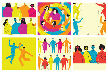 Young men and women with abstract geometric shapes. Team building and teamwork concept. Business partnership, cooperation and communication. Modern flat cartoon style.