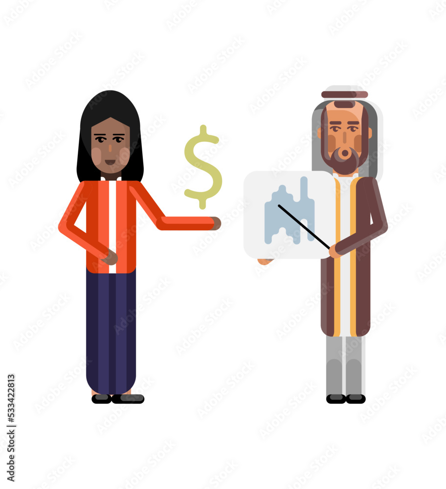 Canvas Prints Arabic speaker doing business presentation with financial diagram and indian woman with dollar sign in hand. Corporate multicultural business people vector illustration.