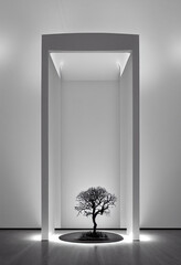 abstract 3d artwork building with white tones black and white and a tree in the middle