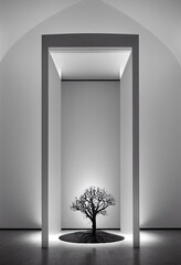 abstract 3d artwork building with white tones black and white and a tree in the middle