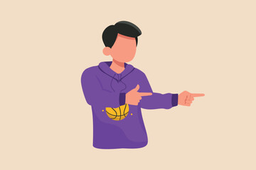 Young boy pointing with two hands and fingers to the side. Pointing concept. Flat vector illustrations isolated.