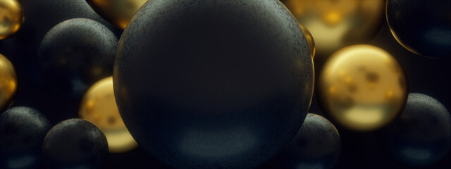 Black and golden realistic balls, 3d render, panoramic image