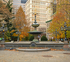 City Hall Fountain with old-fashioned lanterns in autumn. New York City