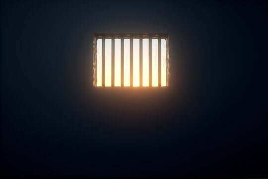 Prison cell interior, sunrays coming through a barred window, Jail, 3d render