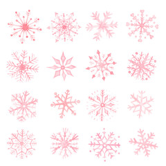 Watercolor set of pink snowflakes on transparent background 