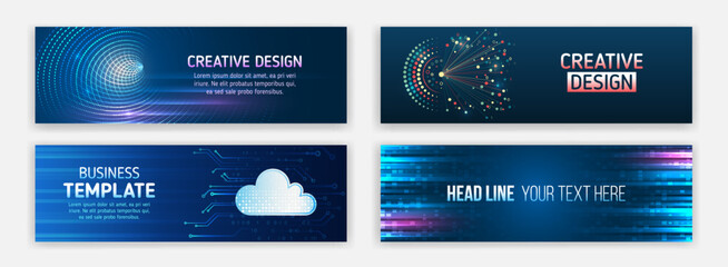 Modern banner in hi-tech style. Set of web banner templates, information protection, big data. Scientific and technical concept.