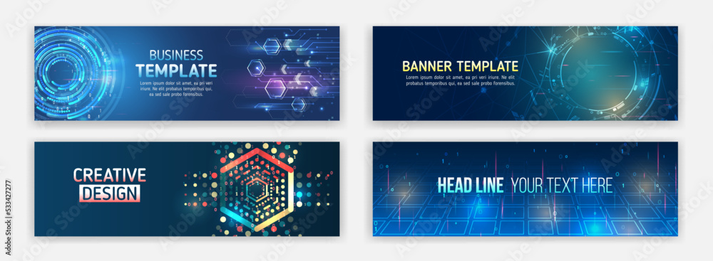 Poster modern banner in hi-tech style. set of web banner templates, information protection, big data. scien