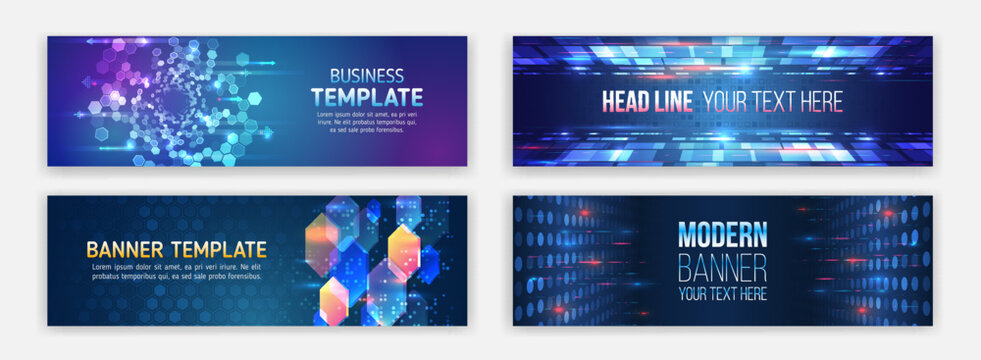 Abstract horizontal promotion media cover design. Big data futuristic web background. Visualization of data arrays, databases. Information flow, sorting. Set of Hi-tech banner templates for websites.