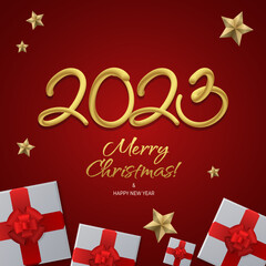 Fototapeta na wymiar Happy new year 2023 greeting vector templates. Merry Christmas design greeting text with colorful christmas decor elements such as a gift, stars on a red background with luxury gold.