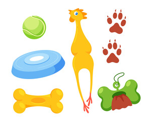 Set of Dog Accessories Ball, Flying Disk, Bone, Rubber Chicken, Toilet Bags and Paw Prints Isolated on White Background