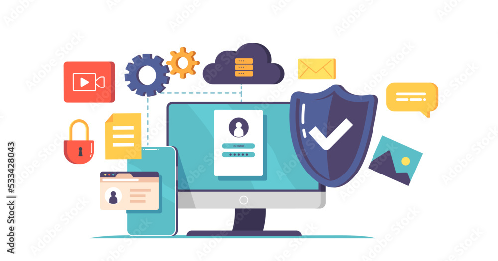 Poster cyber security, computer protection, privacy in internet, virtual private network concept. desktop w