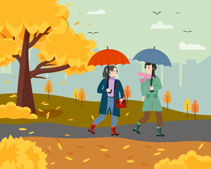 Girls, friends go through the city park under an umbrella. Urban plot with autumn trees, city and rain. Vector illustration isolated on white background. For advertising, booklets and brochures
