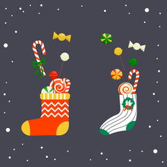 Party socks with candy. Set of socks with sweets. Christmas candy set for kids. Collection of vector sweets - lollipops, caramel, cane. Cute vector illustration Merry Christmas and Happy New Year