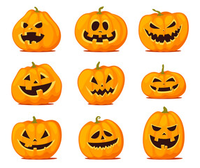 Set of Halloween pumpkins with cut out faces. Scary, fun, smiles for pumpkins. Vector illustration