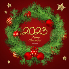 2023 3d realistic Christmas wreath of round shape made of realistic looking pine branches and decorated with berries, golden balls, stars. Merry Christmas and Happy New Year.