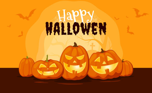Happy Halloween. Banner of Halloween pumpkins with cut out faces. Scary, fun, smiles for pumpkins. Vector illustration