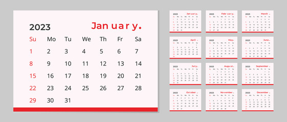 Monthly calendar template for 2023 year. Planner diary in a minimalist style.2023 calendar in minimal table and red color event planner, Corporate and business calendar. Week Starts Sunday