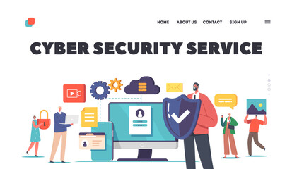 Fototapeta na wymiar Cyber Security Service Landing Page Template. Internet Privacy, Data Protection, Virtual Private Network, Cloud Storage
