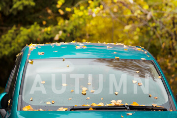 Inscription Autumn and golden fallen leaves on the windshield of the turquoise car. Birch leaves on...