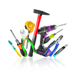 Various new construction tools close-up on a white background