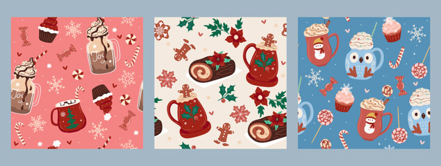 Fototapeta na wymiar Set of seamless patterns with winter drinks and sweets. Vector graphics.
