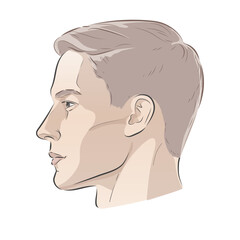 Man face portrait three different angles and turns of a male head. Close-up vector line sketch illustration. Different view front, profile, three-quarter of a boy.