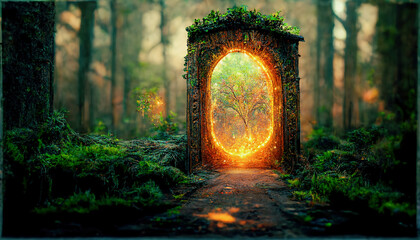 Spectacular fantasy scene with a portal archway covered in creepers. In the fantasy world, ancient magical stone gate show another reality. Digital art 3D illustration. - obrazy, fototapety, plakaty