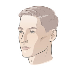 Man face portrait three different angles and turns of a male head. Close-up vector line sketch illustration. Different view front, profile, three-quarter of a boy.