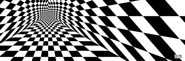 Obraz premium Abstract Black and White Pattern with Tunnel. Contrasty Optical Psychedelic Illusion. Smooth Checkered Spiral and Chessboard in Perspective. Vector. 3D Illustration