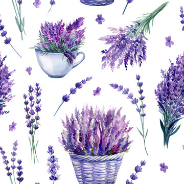 Lavender flower, basket, hearts, seamless pattern. Floral background, watercolor floral design.