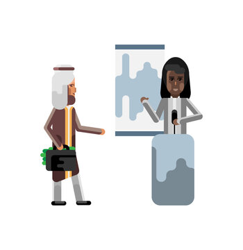 Black Woman On Tribune Doing Business Presentation And Arabic Investor Holding Money Suitcase. Corporate Multicultural Business People Isolated Vector Illustration.