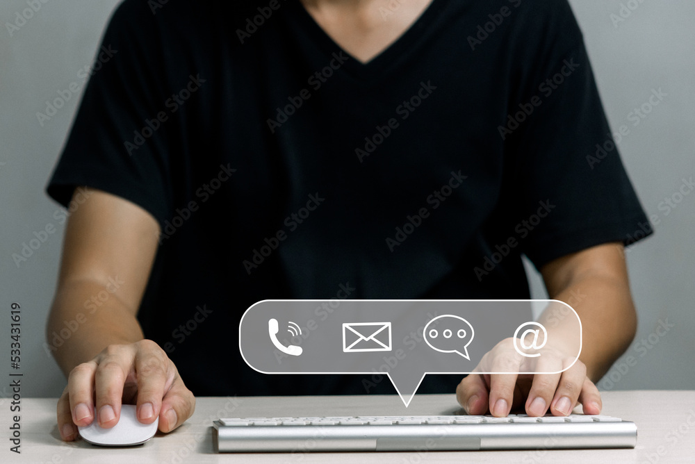 Poster hotline for customer support contact us for people connection. businessman using computer keyboard w