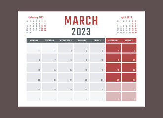 calendar for march 2023 starts monday, vector calendar design march 2023 year