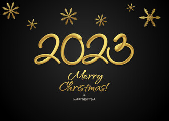 Obraz na płótnie Canvas Happy new year 3d 2023 greeting wallpaper vector template. Merry Christmas design greeting text with christmas decor elements such as a snowflakes on a black background with luxury gold.
