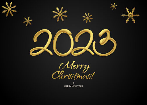Happy new year 3d 2023 greeting wallpaper vector template. Merry Christmas design greeting text with christmas decor elements such as a snowflakes on a black background with luxury gold.