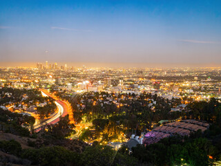 Sunset of the Los Angeles downtown skyline
