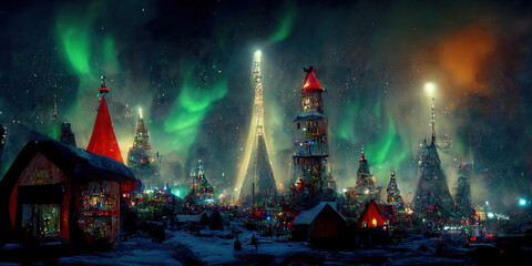 Winter city christmas northern lights with buildings