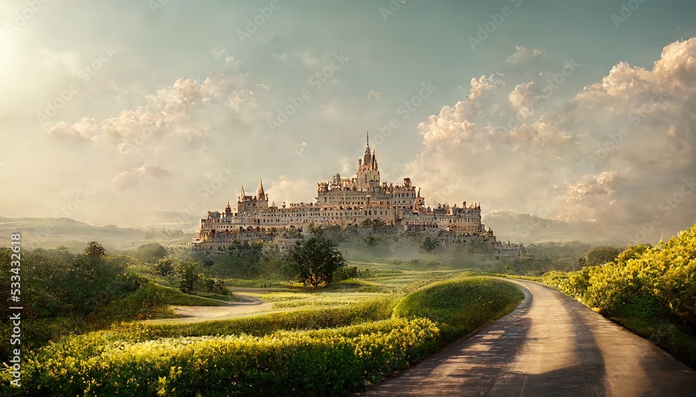 Poster summer landscape with a palace with towers, green fields with a path and bushes under a blue sky 3d 