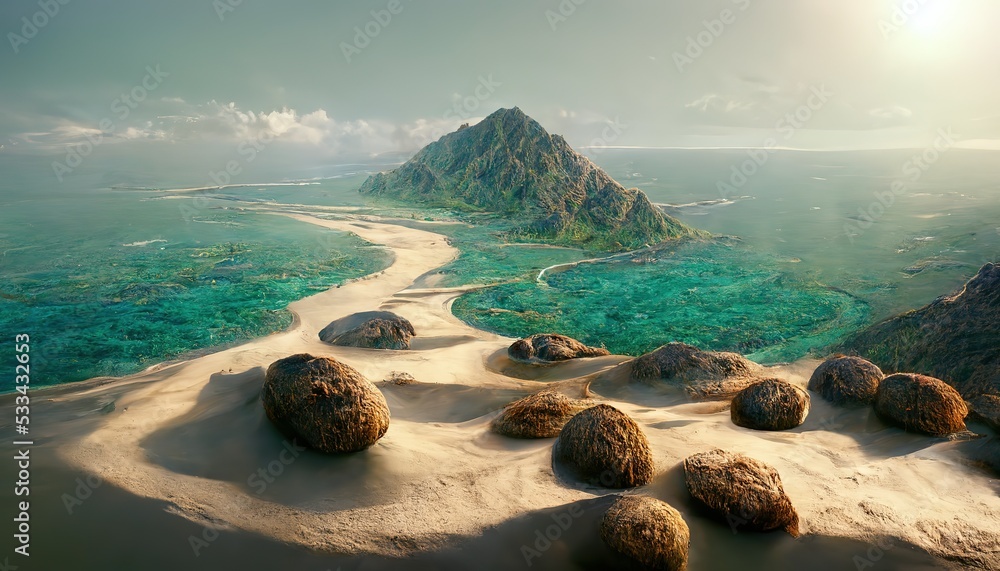 Poster Sea beach with yellow sand, large drops and mountains in the water under a blue sunny sky 3d illustration