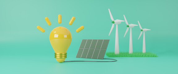 Lamp powered by solar panel with wind turbine. Green energy sources,future electricity generation. Renewable energy sources. save energy and environment concept. Sustainability. 3d render illustration