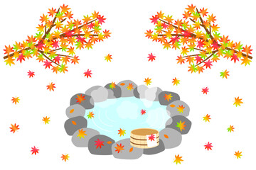 紅葉と露天風呂。日本の秋の旅行のコンセプト。