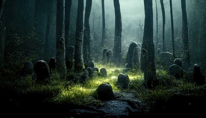Dark forest at night with dark tree trunks, grass and stones 3d illustration - obrazy, fototapety, plakaty