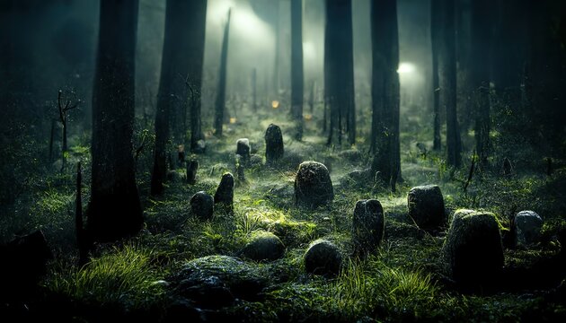 Night forest with dark tree trunks, grass and stones 3d illustration