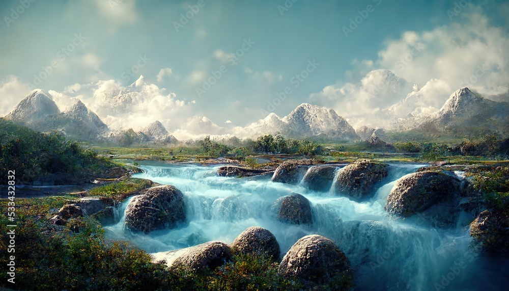 Poster waterfall with streams of water that fall from the rocks. mountains on the horizon and greenery of t