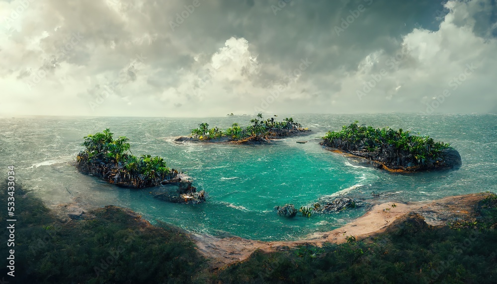 Poster coast of the island with a beach, palm trees and rocks in the sea under a cloudy sky 3d illustration